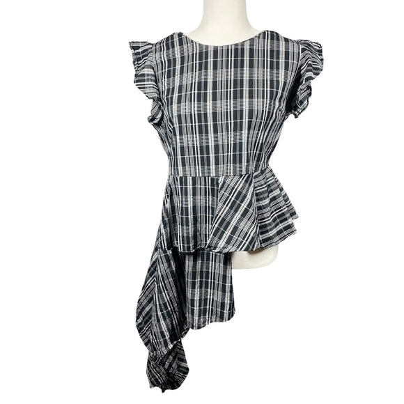 Asymmetrical Black and White Plaid Blouse Medium Flair Flutter BW‎ Wedding - Picture 1 of 14